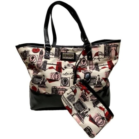 LULU by Lulu Guinness London Hand Bag Purse White Red Black Print Tote & Pouch - Picture 1 of 14